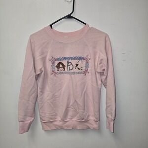 Vintage Pannill Pink Cat‎ ABC Cross Stitch Sweatshirt Small USA Cottagecore